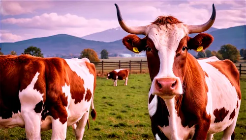 Cow, standing, rural setting, brown fur, white patches, horns, gentle eyes, nostrils flaring, ears perked up, chewing cud, 3/4 composition, soft natural light, warm color tone, shallow depth of field.