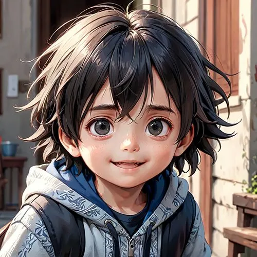 a poor little boy with black dark eye's and hair. looser; small - and happy.,close up,alita,hiro,dororo,kanno,peni,sanio,Anime,Anime,General