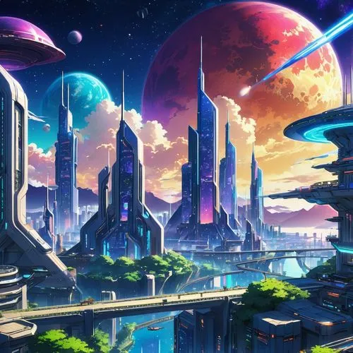 futuristic landscape,planetaria,homeworlds,homeworld,skyterra,cybercity,scifi,alien world,skyreach,fantasy city,cyberport,areopolis,cyberia,space port,alien planet,futuregen,silico,terraformed,planetwide,ringworld,Illustration,Japanese style,Japanese Style 03