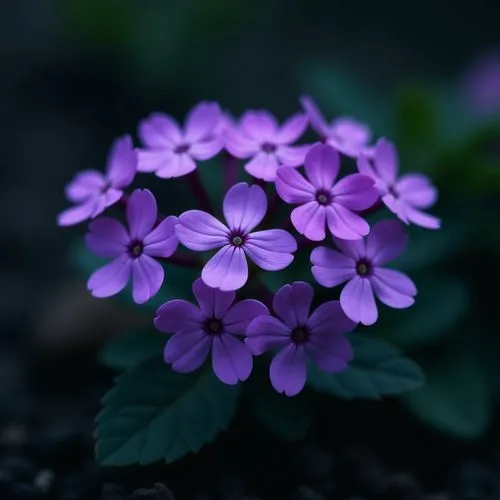 The image captures a close-up view of a cluster of small purple flowers with a dark, out-of-focus background. The flowers appear to be phlox or a similar species. They have a vibrant purple hue with d