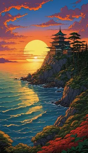 Sunset Ghibli style sunset,jeju,japan landscape,coast sunset,japan,studio ghibli,tsukemono,south korea,coastal landscape,osaka bay,ginkaku-ji,jeju island,fukushima,korea,sea landscape,芦ﾉ湖,choi kwang-d