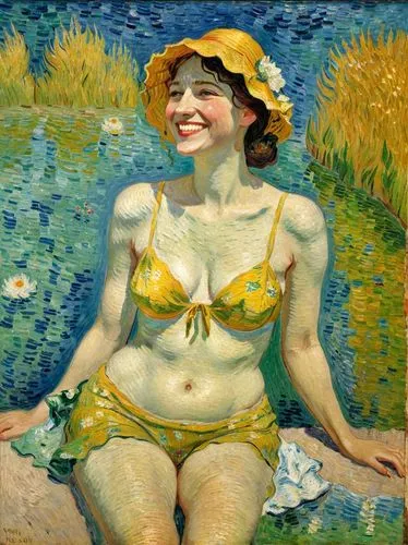 Bathing beauty, smiling. Let the motif appear as a French impressionist painting as if it had been painted by Vincent van Gogh.,a painting of a woman sitting on the side of a lake,domergue,woman with 