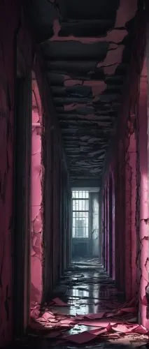 Breast cancer awareness, pink ribbon, architectural structure, distorted building, broken columns, cracked walls, shattered windows, dark shadows, ominous atmosphere, abandoned hospital, deserted corr