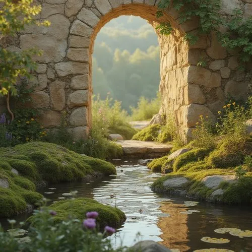 hobbiton,wishing well,natural arch,stone bridge,rose arch,stone gate,stone arch,bridge arch,tunnel of plants,rock arch,crescent spring,garden pond,springhouse,idyll,nargothrond,archway,half arch,mirror in the meadow,fairy door,watermill,Photography,General,Realistic