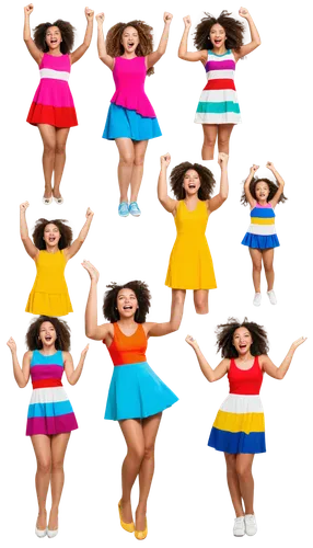 Cheering women, multiple girls, colorful dresses, curly hair, bright smiles, waving hands, energetic poses, loud shouting, excited facial expressions, dynamic composition, shallow depth of field, warm