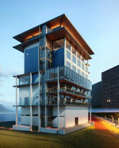 the exterior of the glass and steel building,cubic house,modern architecture,cube stilt houses,modern building,residential tower,ubc,Anime,Anime,General