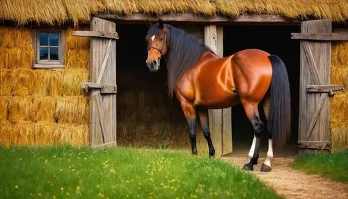 Whimsical stable, wooden door, rusty hinges, hay stacks, sunlit interior, gentle horse, soft fur, flowing mane, bright eyes, saddles, bridles, rural landscape, green pastures, fluffy clouds, warm ligh