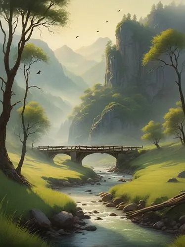 scenic bridge,fantasy landscape,river landscape,landscape background,wooden bridge,dragon bridge,japan landscape,hangman's bridge,world digital painting,nature landscape,forest landscape,mountain landscape,cartoon video game background,valley,mountainous landscape,high landscape,stone bridge,natural landscape,log bridge,natural scenery,Illustration,Paper based,Paper Based 17