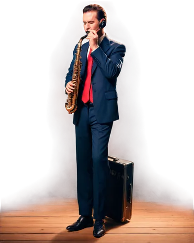 Vintage microphone, old records, jazz club atmosphere, dim red lights, smoke effect, wooden floor, retro speakers, vinyl records, relaxed posture, mature man, suit and tie, holding saxophone, closed e