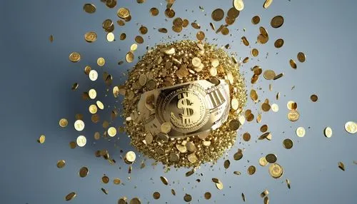 A 3D render of a sale explosion with floating gold coins and dollar bills, with copy space in the surrounding area or background
,a bunch of coins falling into a large ball,time and money,superannuati