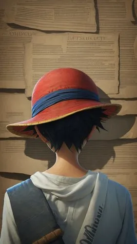 back view of the character from the One Piece animation named Lufty,ordinary sun hat,panama hat,the hat of the woman,sun hat,the hat-female,high sun hat,mock sun hat,straw hat,hat retro,bob hat,summer