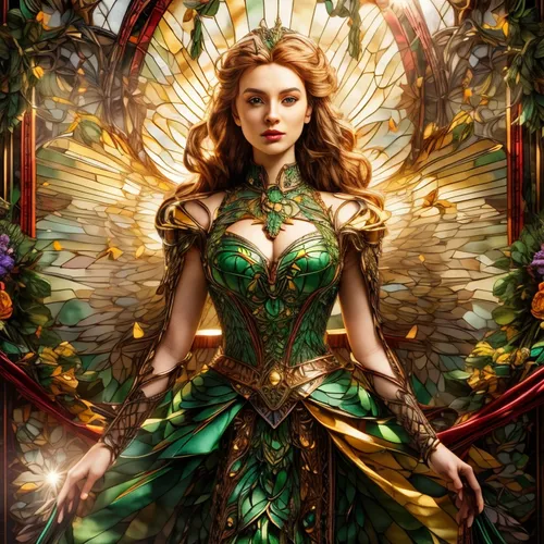 the enchantress,celtic queen,fantasy art,fantasy picture,fantasy portrait,fairy queen,fantasy woman,poison ivy,fae,faery,golden wreath,faerie,goddess of justice,christmas angel,elven,dryad,cg artwork,girl in a wreath,queen of the night,fairy peacock