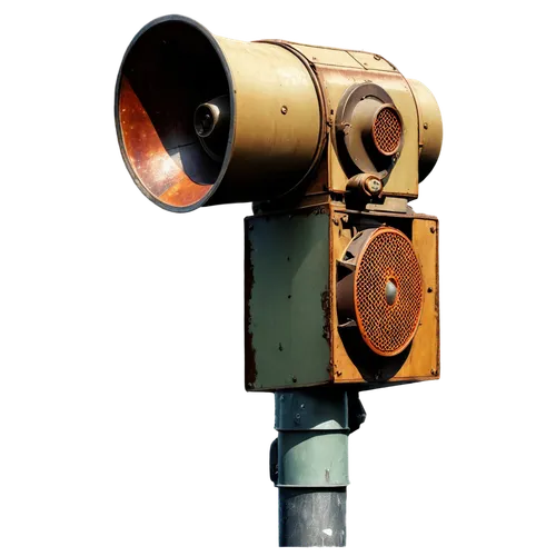 Old, rusty air raid siren, metallic body, worn paint, warning lights flashing, loudspeaker on top, urban setting, abandoned building, distressed texture, industrial material, close-up shot, dramatic l