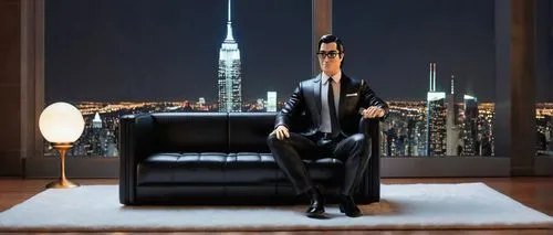 Luxurious Manhattan penthouse, modern interior design, mature businessman, 40s, tailored black suit, white shirt, black tie, sleek black hair, glasses, sitting on a leather sofa, cityscape view from f