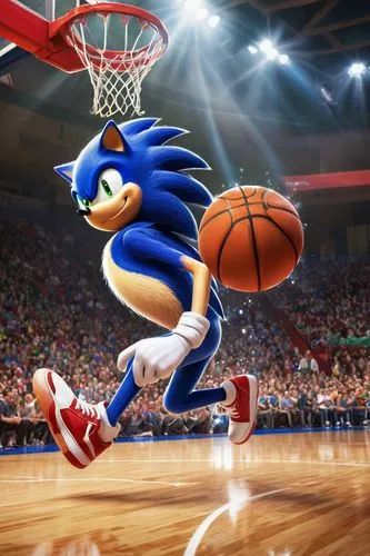 Sonic the Hedgehog, athletic pose, blue spikes, green eyes, white gloves, red sneakers, dynamic movement, sweat droplets, intense facial expression, basketball in hand, dribbling, jumping, slam dunkin