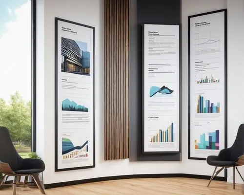 Modern minimalist architectural thesis panel design, vertical rectangular frame, white background, bold black font, 3D building models, diagrams, graphs, charts, vibrant color accents, wooden or metal