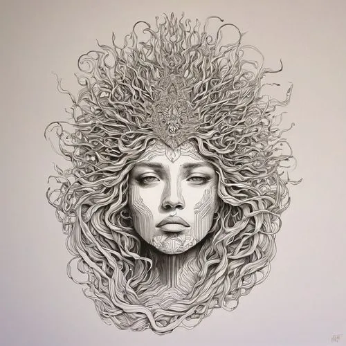 medusa,headdress,dryad,paper art,girl in a wreath,pencil art,headress,wire sculpture,vespertine,pencil drawings,headpiece,tree crown,medusa gorgon,flowerhead,feather headdress,laurel wreath,head woman,hairpiece,crown of thorns,cynara,Conceptual Art,Daily,Daily 02