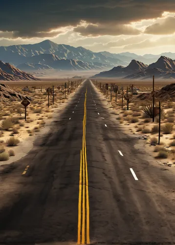 post-apocalyptic scenery, Fallout New Vegas, long-abandoned highway, 15 sign weathered, rusty cars, scattered debris, desert landscape, distant mountains, overcast sky, dynamic lighting, 3/4 compositi