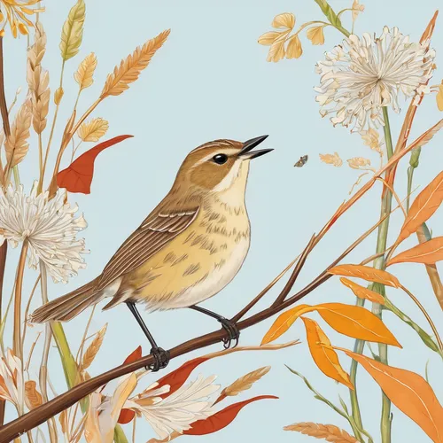 palm warbler,flower and bird illustration,magnolia warbler,chiffchaff,song bird,marsh warbler,bird illustration,meadow bird,wren,reed warbler,bird painting,spring bird,lesser swamp warbler,pipit,ovenbird,thrush,townsend's warbler,blackburnian warbler,bewick s wren,fischer sparrow lark,Illustration,Abstract Fantasy,Abstract Fantasy 13