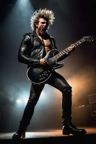 Muscular man, rock star, energetic pose, wild hairstyle, bold makeup, ripped chest, toned waist, strong legs, black leather jacket, tight pants, silver accessories, holding electric guitar, shouting, 