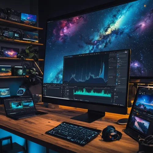 Which editing software is most popular among social media influencers?,monitor wall,computer workstation,monitors,computer desk,desktop computer,lures and buy new desktop,computer room,working space,c