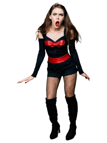 Female scream, terrified expression, messy brown hair, pale skin, open mouth, sharp teeth, red lips, bloodshot eyes, black eyeliner, dark eye shadow, Gothic clothing, ripped fishnet stockings, heavy b