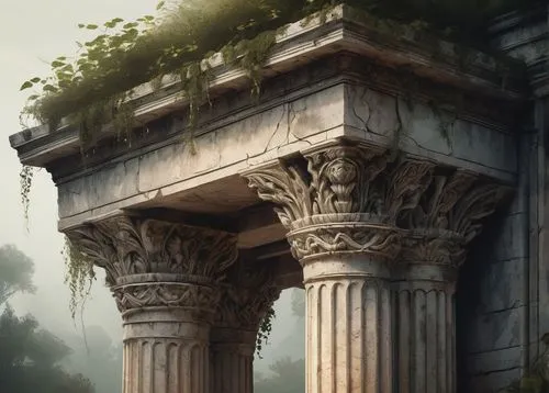 Ancient Greek architectural artifacts, stone relics, intricate carvings, ornate sculptures, cracked marble, weathered columns, worn capitals, ruined temples, overgrown with vines, abandoned in a misty