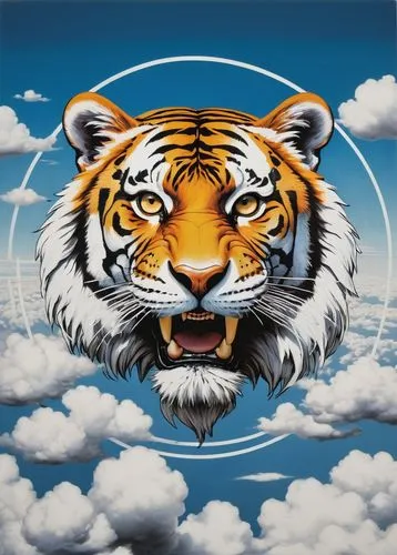 the horizon is filled with three distinct shapes, forming the shape of a mystical tiger. The circle, a sleek white helmet, stands out against a maze of white clouds. The scene is both playful and stri