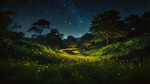 fireflies,firefly,starry sky,night stars,fairy forest,starry night,fairy galaxy,fantasy landscape,glitter trail,fantasy picture,night scene,nightscape,light of night,forest of dreams,the mystical path,fairy world,starlight,runaway star,dandelion field,night image,Photography,General,Fantasy