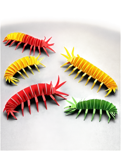 Multiple centipedes, various species, segmented bodies, long antennae, beady eyes, many legs, dark brown, red, yellow, green colors, shiny exoskeletons, crawling, close-up, macro photography, shallow 