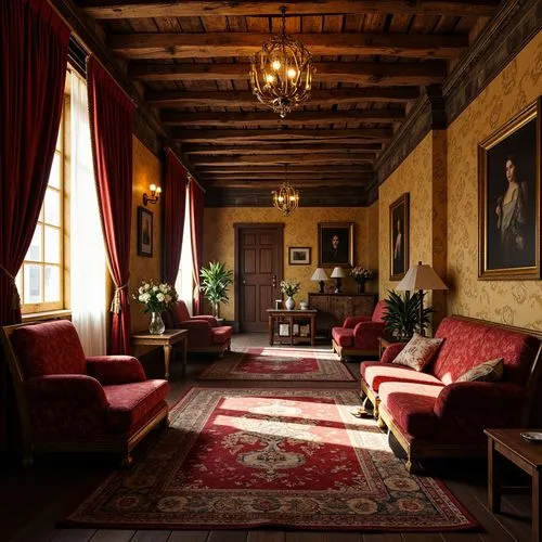 Rich ornate hostel, lavish furnishings, opulent drapery, velvet textiles, gilded accents, intricate patterns, warm golden lighting, luxurious atmosphere, Renaissance-inspired decor, rustic wooden beam