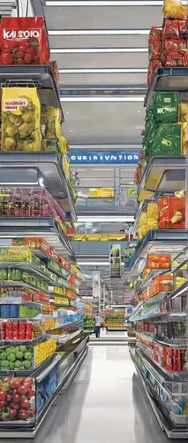 Envision a futuristic version of Ko Mart where robots assist shoppers with their purchases.,supermarket,grocery store,supermarket shelf,grocery,aisle,grocery cart,grocer,grocery basket,shopping trolle