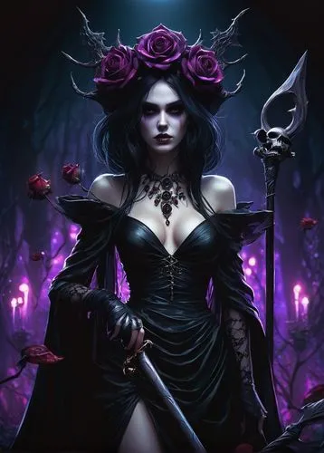 purple rose,widow flower,black rose,noble roses,black rose hip,deadly nightshade,gothic woman,sorceress,vampira,undead warlock,dodge warlock,goth woman,rosa,way of the roses,dark gothic mood,dark elf,vampire lady,the enchantress,vampire woman,dark art,Illustration,Realistic Fantasy,Realistic Fantasy 15
