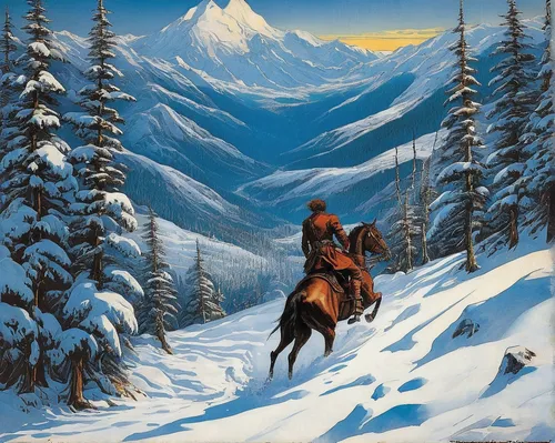 man and horses,skijoring,sleigh ride,the spirit of the mountains,mountain scene,horseback,horseman,western riding,snow scene,two-horses,hunting scene,snowy mountains,mountain spirit,winter landscape,siberian,arête,denali,mountaineers,mushing,christmas landscape,Illustration,Black and White,Black and White 28