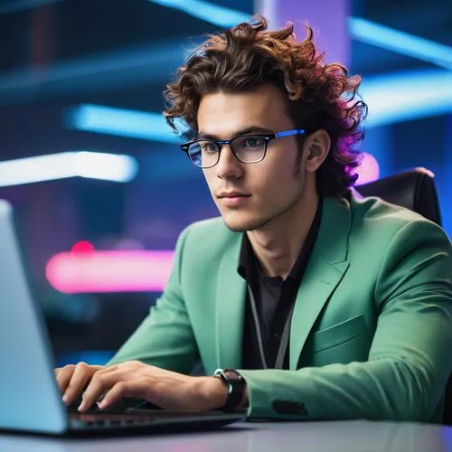 Micro frontend architecture, futuristic cityscape, skyscraper, neon lights, coding laptop, react logo, minimalist desk, ergonomic chair, young male developer, messy hair, glasses, casual wear, focused