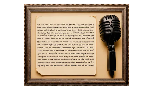 Music notes, vinyl record, vintage microphone, framed quotes, inspirational words, golden picture frame, soft focus, shallow depth of field, warm color tone, natural light, 3/4 composition, solo, clos