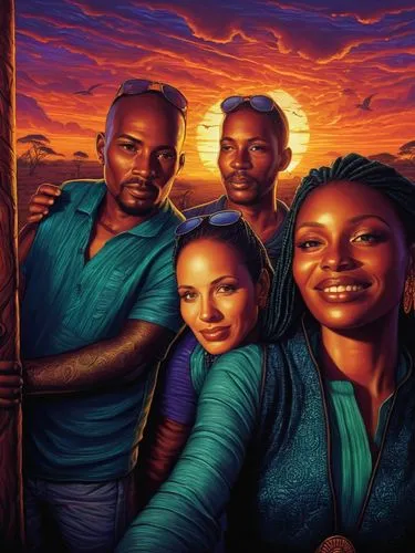 sunset at africa,two women and one man in front of a sunset painting,liberians,oil painting on canvas,mozambicans,umoja,orishas,katwe,Illustration,Realistic Fantasy,Realistic Fantasy 25