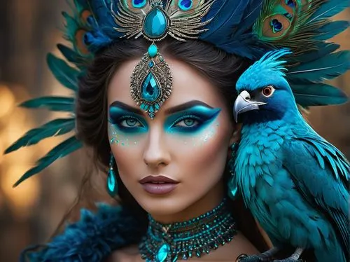 blue enchantress,blue parrot,exotic bird,blue peacock,fantasy art,fairy peacock,feather headdress,blue bird,peacock,fantasy portrait,fantasy picture,faery,fantasy woman,headdress,bird bird-of-prey,blue macaw,shamanic,ornamental bird,faerie,peacock eye,Photography,General,Fantasy