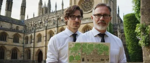 Middle-aged male architect, Oxford University graduate, bespectacled, short brown hair, beard, formal suit, white shirt, black tie, holding a blueprint, standing in front of a medieval-inspired buildi