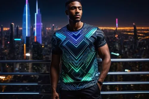 Modern t-shirt, futuristic design, geometric patterns, neon lights, metallic accents, 3D printed texture, urban cityscape, skyscraper background, evening atmosphere, soft focus, cinematic composition,