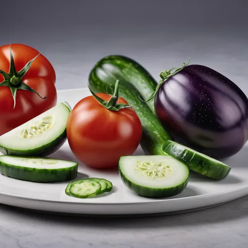 Tomatoe, Cucumber and Eggplant, flying, isolated bright background, Food photography, close up shot, depth of field, octane render, hyperrealistic, 8k, HD,colorful vegetables,vegetables landscape,vege