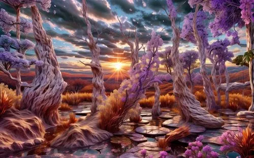 mushroom landscape,purple landscape,fantasy landscape,virtual landscape,fantasy picture,flowerful desert,3d fantasy,alien planet,alien world,fractals art,world digital painting,fantasy art,dreamscape,mandelbulb,fairy forest,desert landscape,fractal environment,3d background,cartoon video game background,swampy landscape