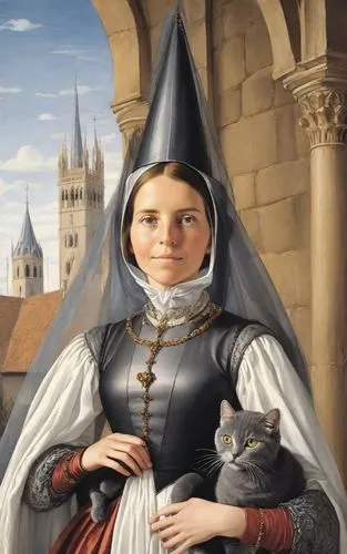 (woman Isabelle de Bourbon in 15th century medieval dress holding a one British dark grey cat in her arms: 1,5), (on the woman's head there is a high Gothic cone "atour" with veil: 1,5), (a veil hangs