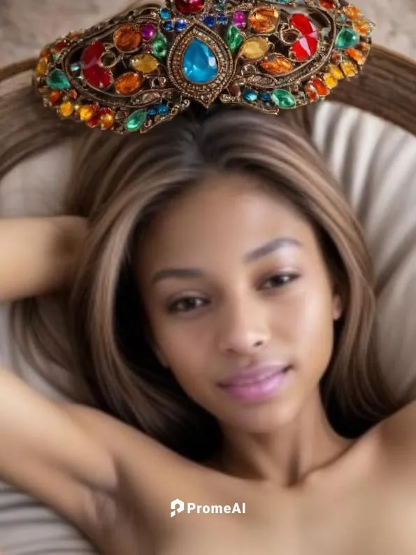 an indian woman laying on a bed with her arms on the side,tiara,bonang,mayhle,oduwole,tiaras,mahdawi