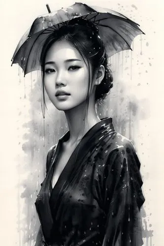 young beauty female in the rain,geisha girl,geisha,rainswept,vietnamese woman,in the rain,japanese woman,asian umbrella,rainy,rainwear,zuoying,rainy day,japanese art,raincoat,oriental girl,jianying,ar