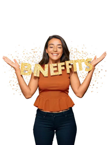 Benefits illustration, colorful background, golden confetti, 3D letters, bold font, smiling face, sparkles, shiny stars, energetic posture, arms open wide, yellow and orange hues, soft focus, warm lig