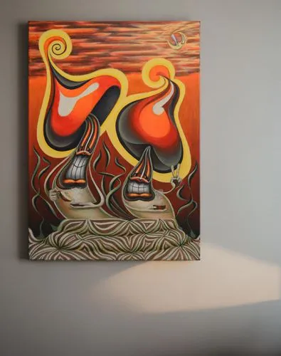 the painting hangs on the wall ,indigenous painting,aboriginal painting,molas,abstract painting,glass painting,abstract cartoon art,morrisseau,aboriginal art,aboriginal artwork,taniwha,huichol,fire an