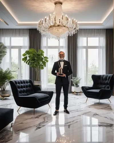 Luxury interior design, modern villa, Season 2, grand prize winner, professional designer, middle-aged man, confident smile, glasses, stylish hair, black suit, white shirt, silver tie clip, holding a 