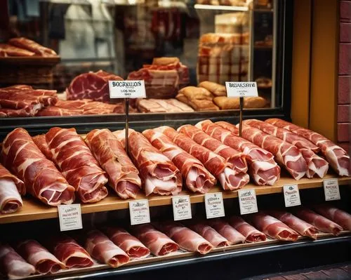 Shopping street in Madrid, shop window of a traditional butchers shop,  Traditional Spanish Bocadillos with Iberico Jamon Laid Out in a Slide on a Shop Window ,meat on display at a butcher shop,meat c