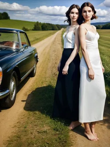 Two barefoot girlfriends pose next to a Mercedes car parked on a country lane.,two young women in black and white dresses standing by a car,unthanks,volga car,lada,audi 100,vintage girls,countrywomen